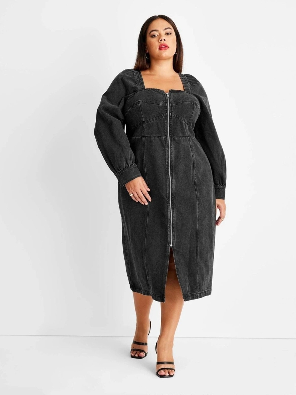 EUC Future Collective 16/18W Washed Black Zip-Front Midi Dress with Puff Sleeves